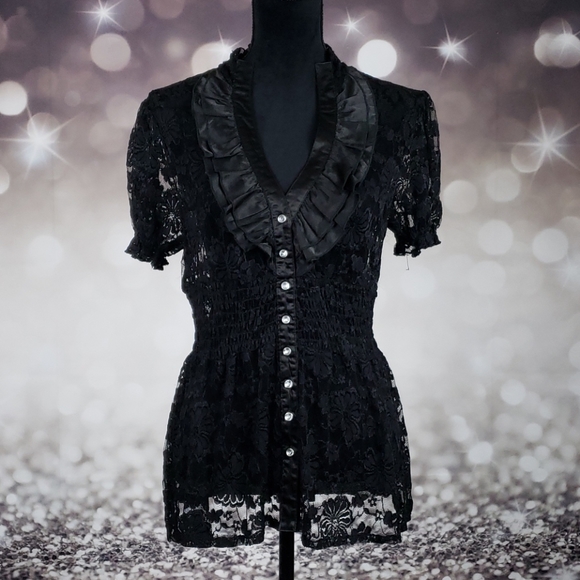 Dots Tops - Gothic Black Lace V Neck Button Up Blouse By Dots